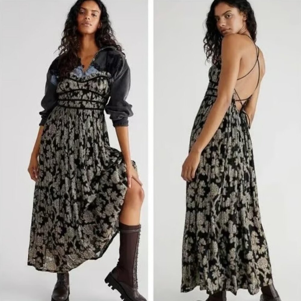 Free People Charlie Bustier Maxi Dress Metallic Gold Black Strappy Back Size L